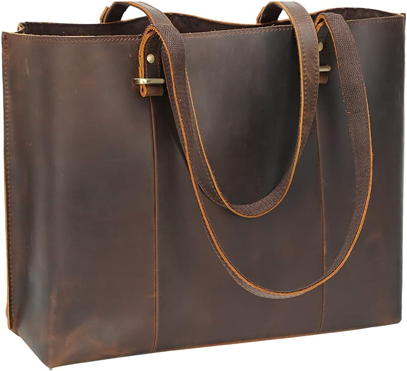 TIDING Full Grain Leather Tote Bag for Women Vintage Work Totes Shoulder Bag Ladies Business Travel Purses Handbags