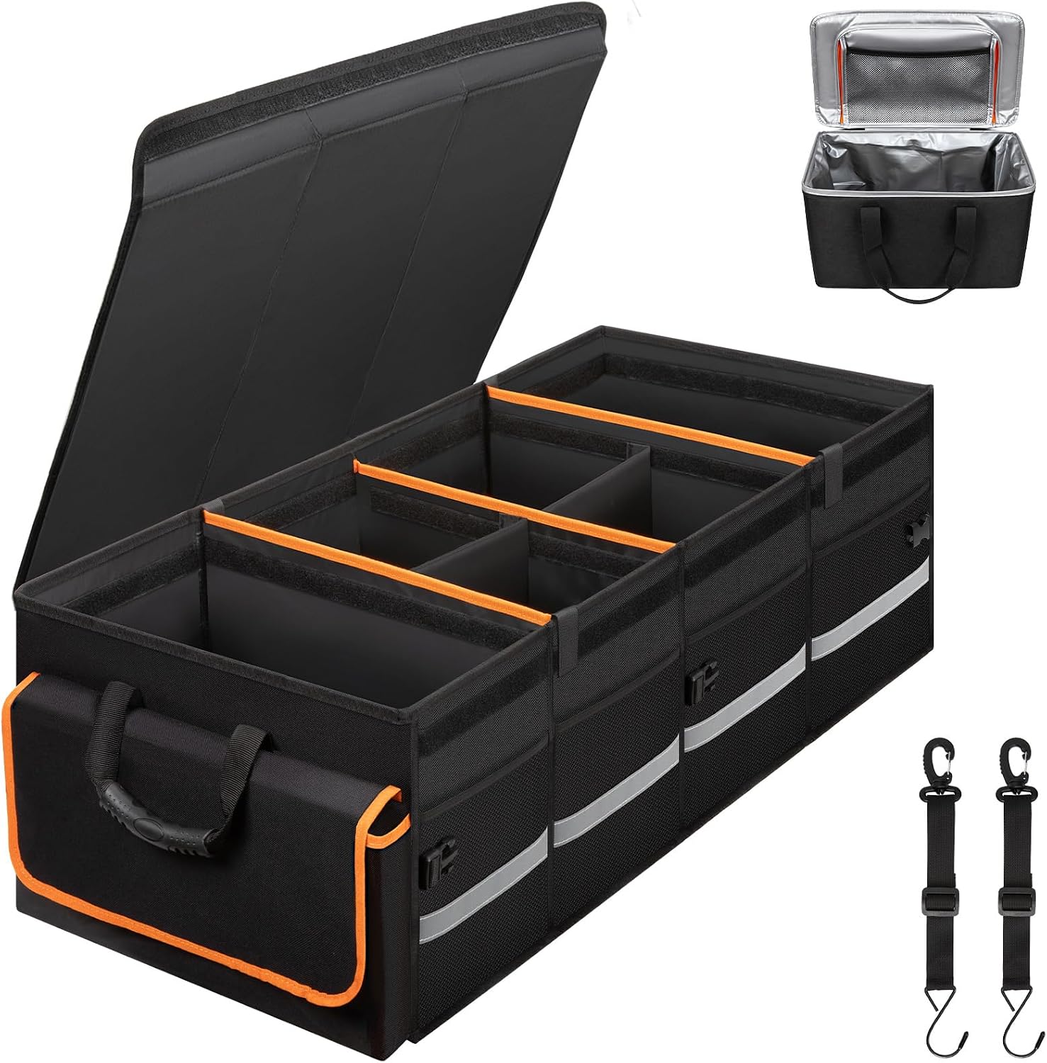 Car Trunk Organizer and Storage with Lid & Removable Leakproof Cooler Bag, Car Accessories 6 Removable Dividers for Custom Space, Collapsible Large Trunk Organizers Interior for SUV Sendan with Cover