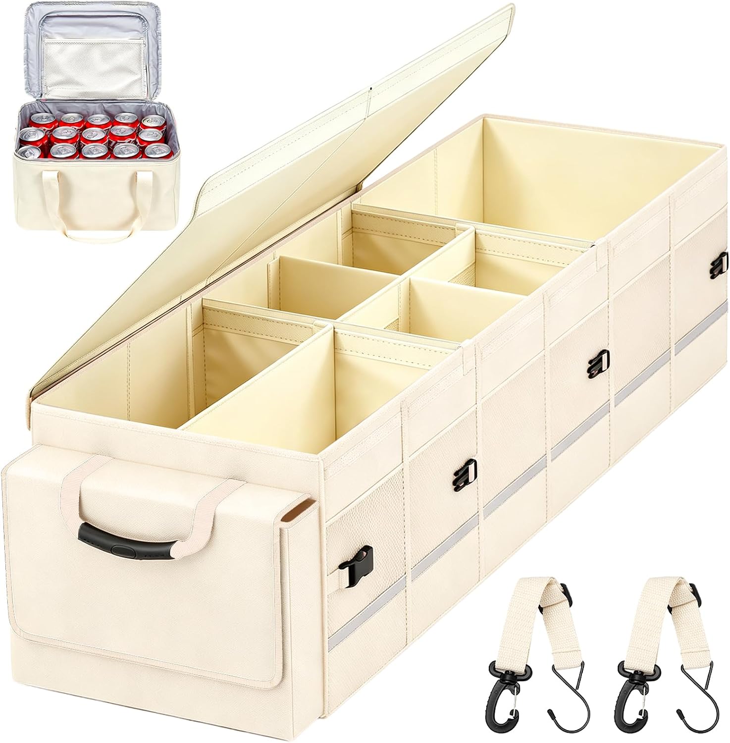 Car Trunk Organizer and Storage with Lid & Removable Leakproof Cooler Bag, Car Accessories 6 Removable Dividers for Custom Space, Collapsible Large Trunk Organizers Interior for SUV Sendan with Cover