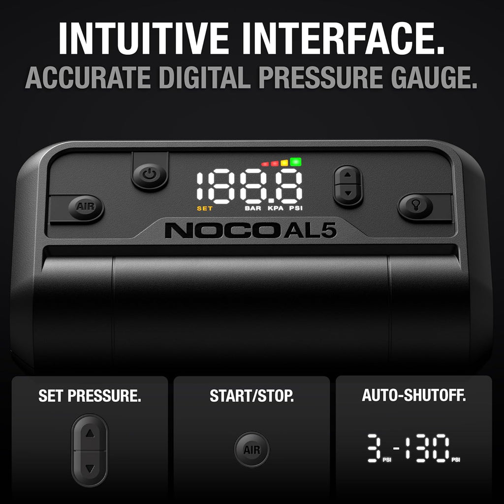 NOCO Air AL5: Cordless Tire Inflator – Portable Rechargeable Air Compressor with USB-C – 17 LPM Inflates 0–40 PSI in 7 Minutes – Digital Gauge + Auto-Shutoff – For Tires up to 31-Inches